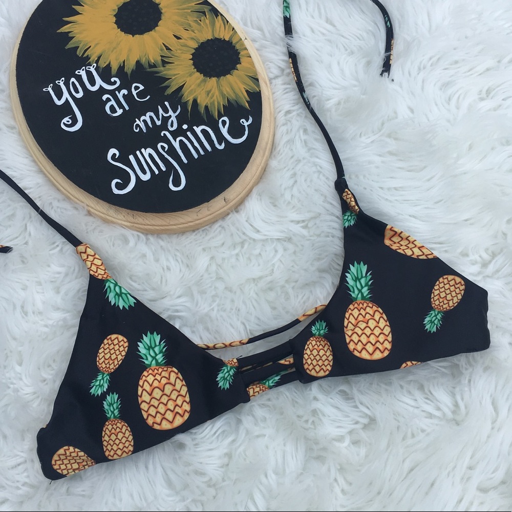 Pineapple Print Black Bikini Top
